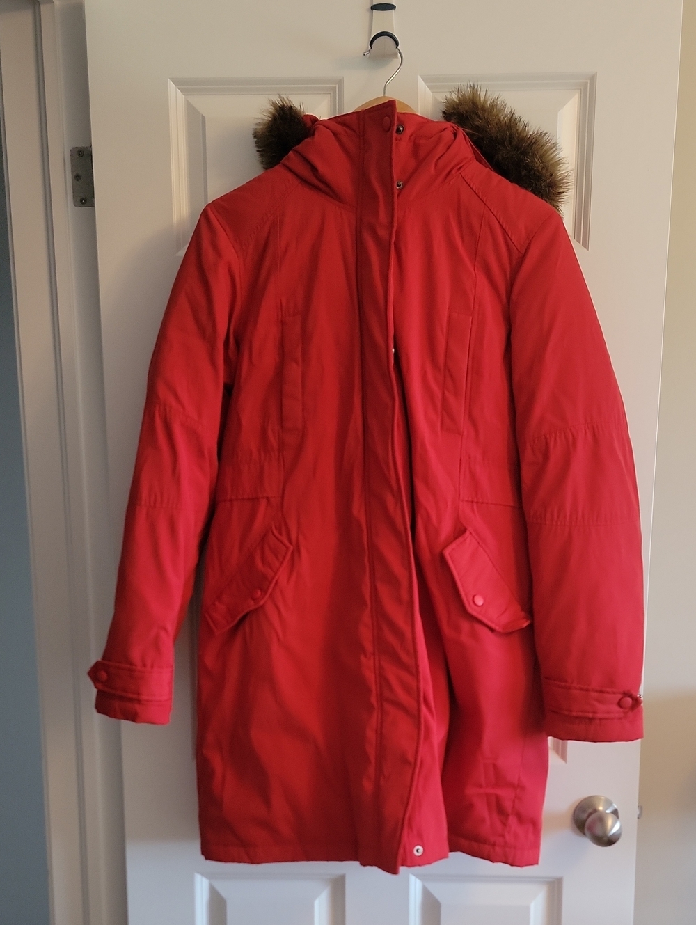 Joe Fresh Bright Red Hooded Puffer Coat with Faux Fur